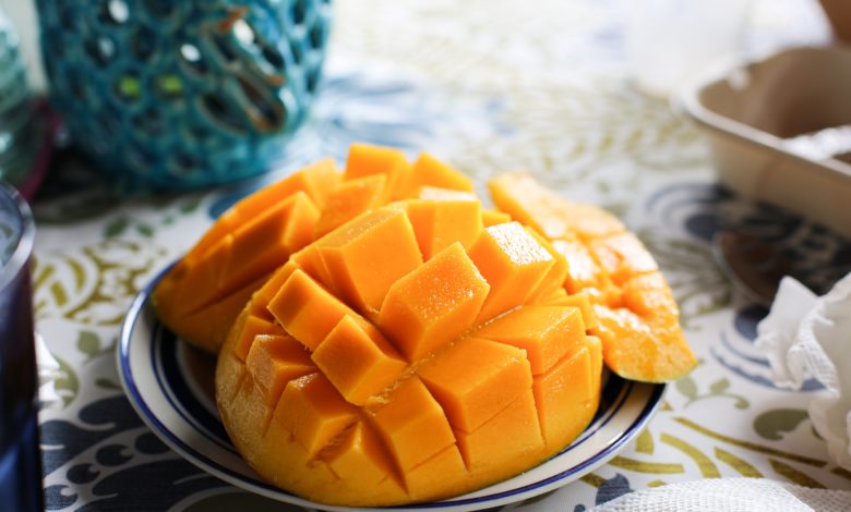 3 Mangoes diced up on a plate