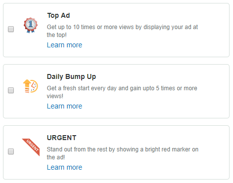 difference between a Top Ad, Bump Up & Urgent Promotions