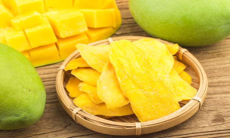 Image of mango slices in a wicker plate